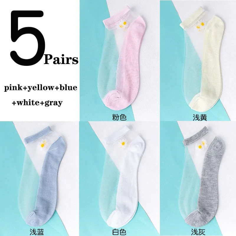 5 Pairs Ultra Thin Transparent Daisy Flower Design Ankle Socks