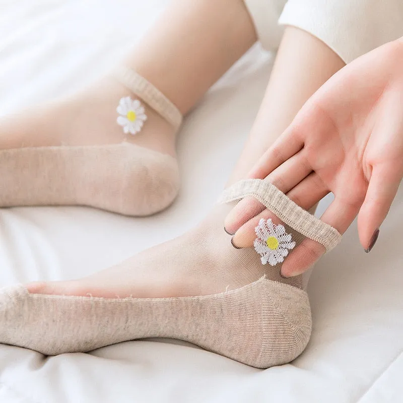 5 Pairs Ultra Thin Transparent Daisy Flower Design Ankle Socks