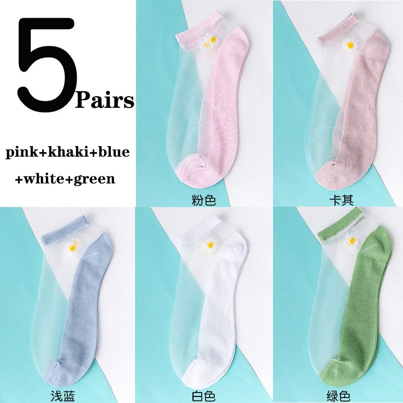 5 Pairs Ultra Thin Transparent Daisy Flower Design Ankle Socks