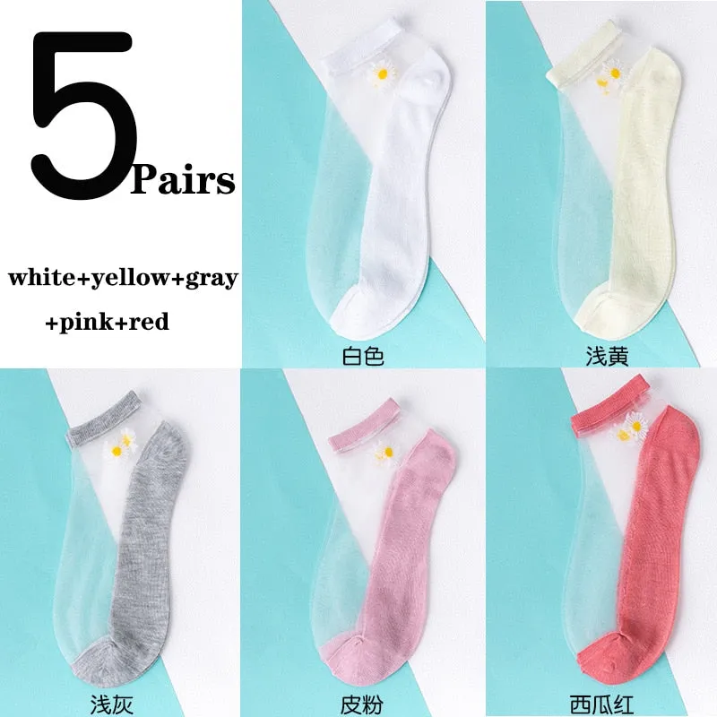 5 Pairs Ultra Thin Transparent Daisy Flower Design Ankle Socks