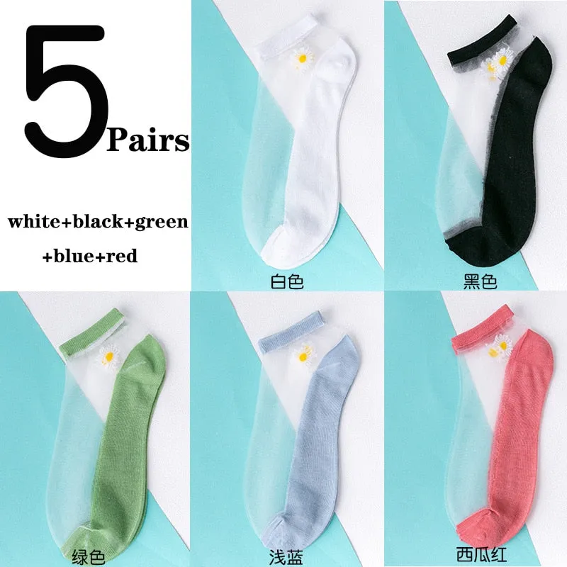 5 Pairs Ultra Thin Transparent Daisy Flower Design Ankle Socks