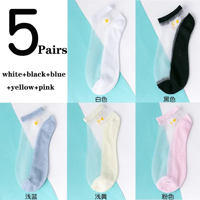 5 Pairs Ultra Thin Transparent Daisy Flower Design Ankle Socks