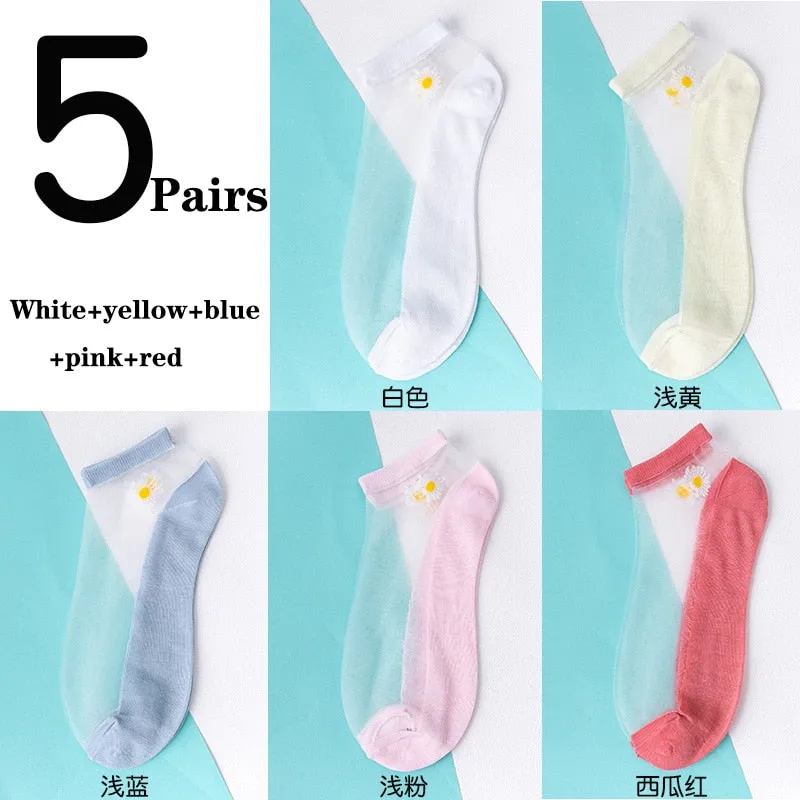 5 Pairs Ultra Thin Transparent Daisy Flower Design Ankle Socks