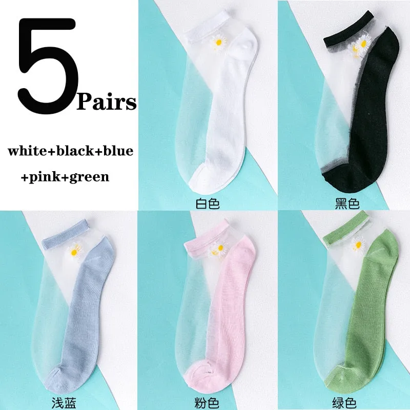 5 Pairs Ultra Thin Transparent Daisy Flower Design Ankle Socks