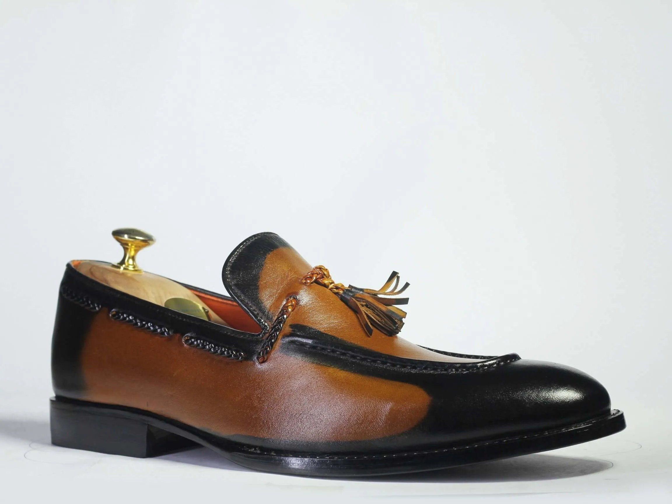 Bespoke Tan Black Tussle Loafer Leather  Shoes for Men's