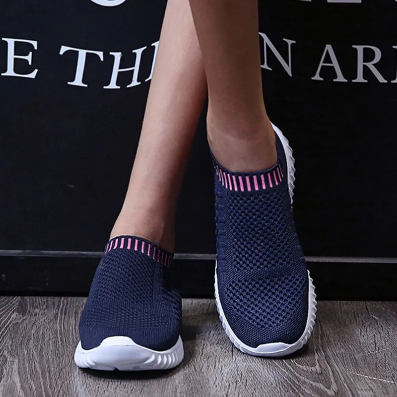 Breathable Mesh Sneakers Summer Slip on Soft Bottom Running Shoes Woman Plus Size Elastic Knit Casual Flats