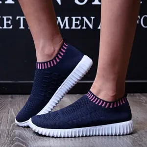 Breathable Mesh Sneakers Summer Slip on Soft Bottom Running Shoes Woman Plus Size Elastic Knit Casual Flats