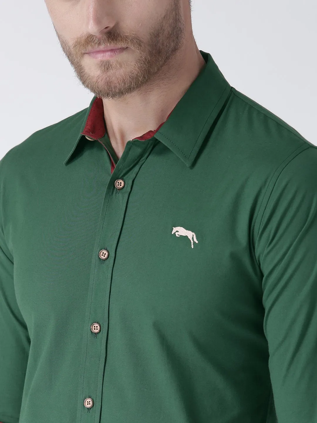 Men Green Solid Cotton Regular Fit Shirt