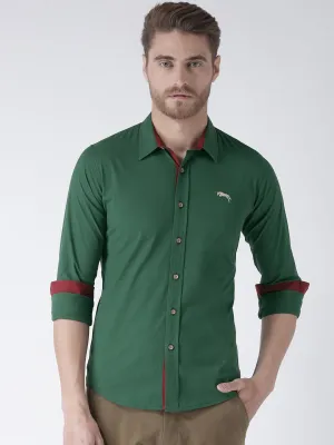 Men Green Solid Cotton Regular Fit Shirt