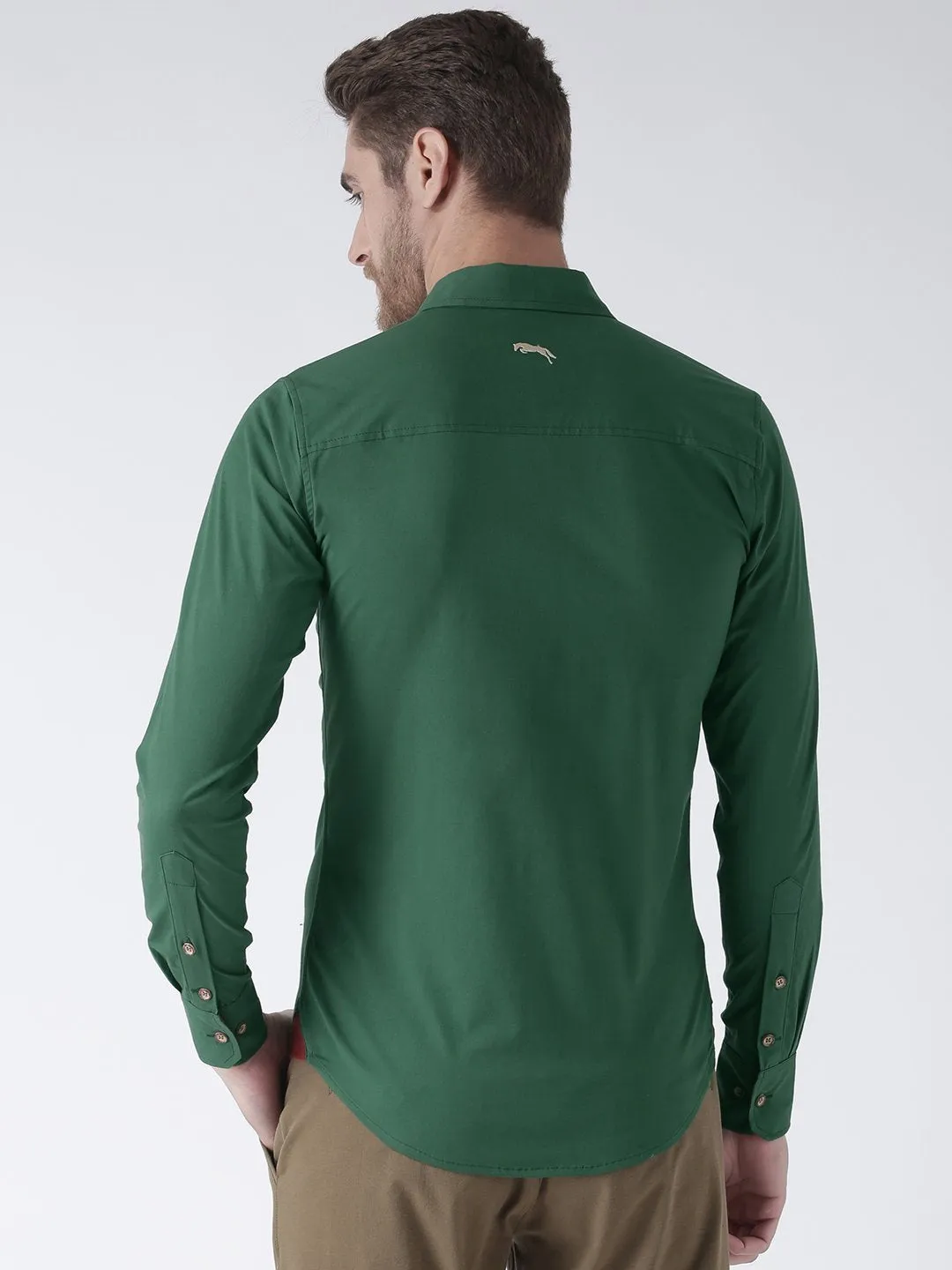 Men Green Solid Cotton Regular Fit Shirt