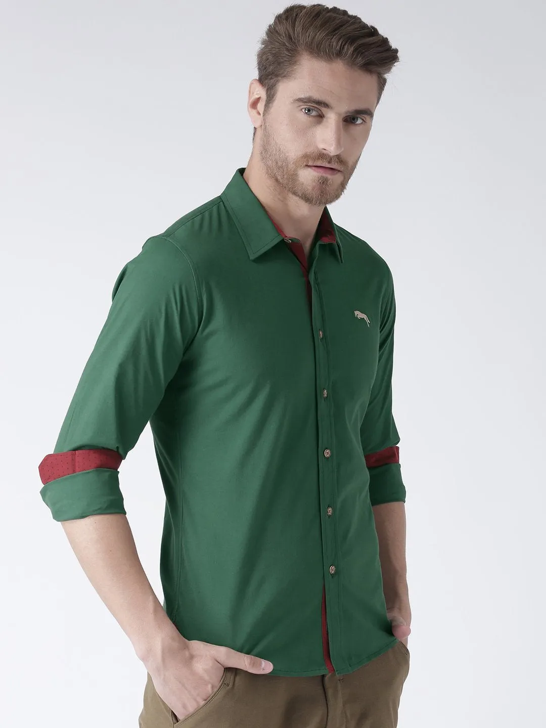 Men Green Solid Cotton Regular Fit Shirt