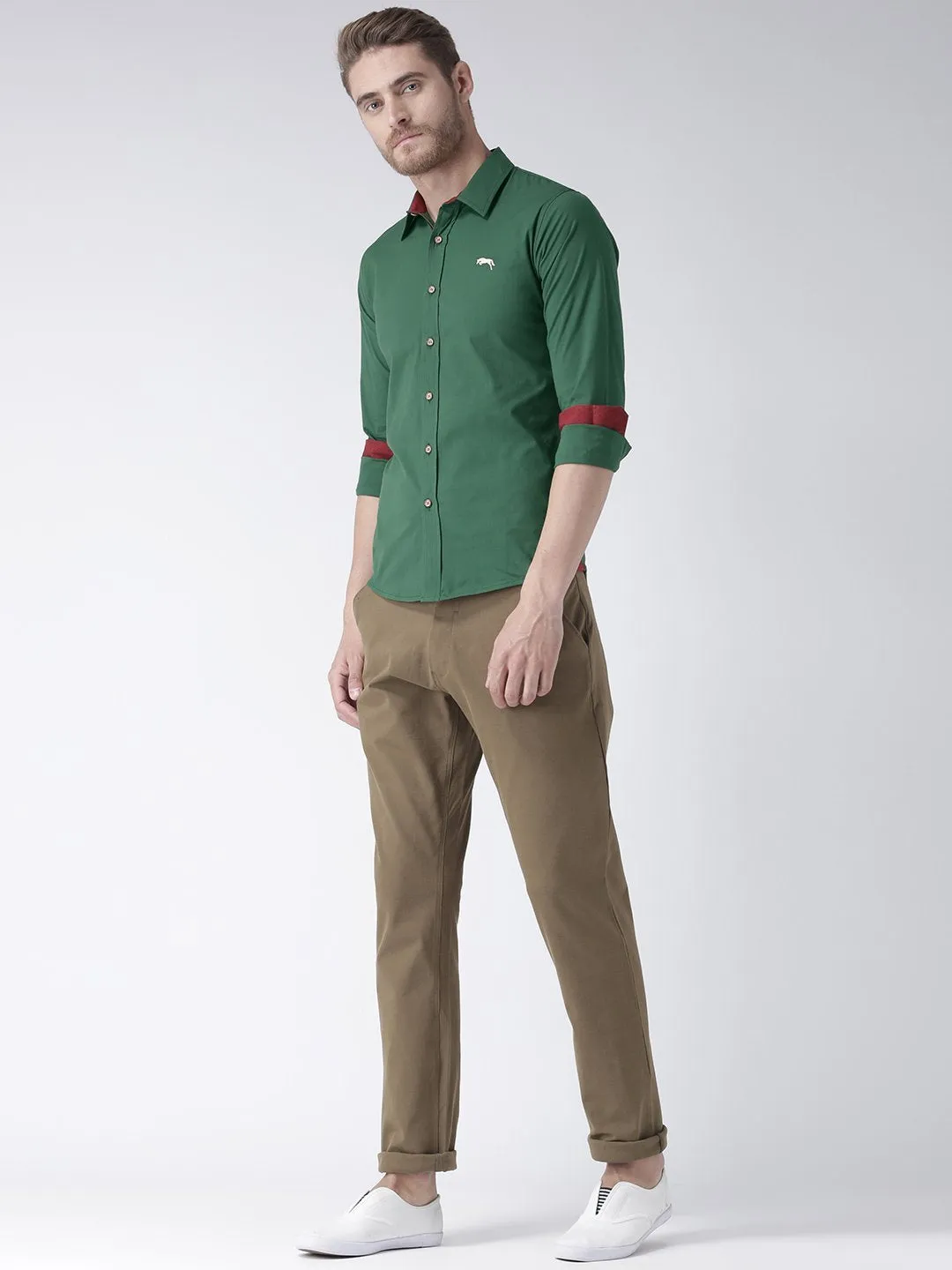 Men Green Solid Cotton Regular Fit Shirt