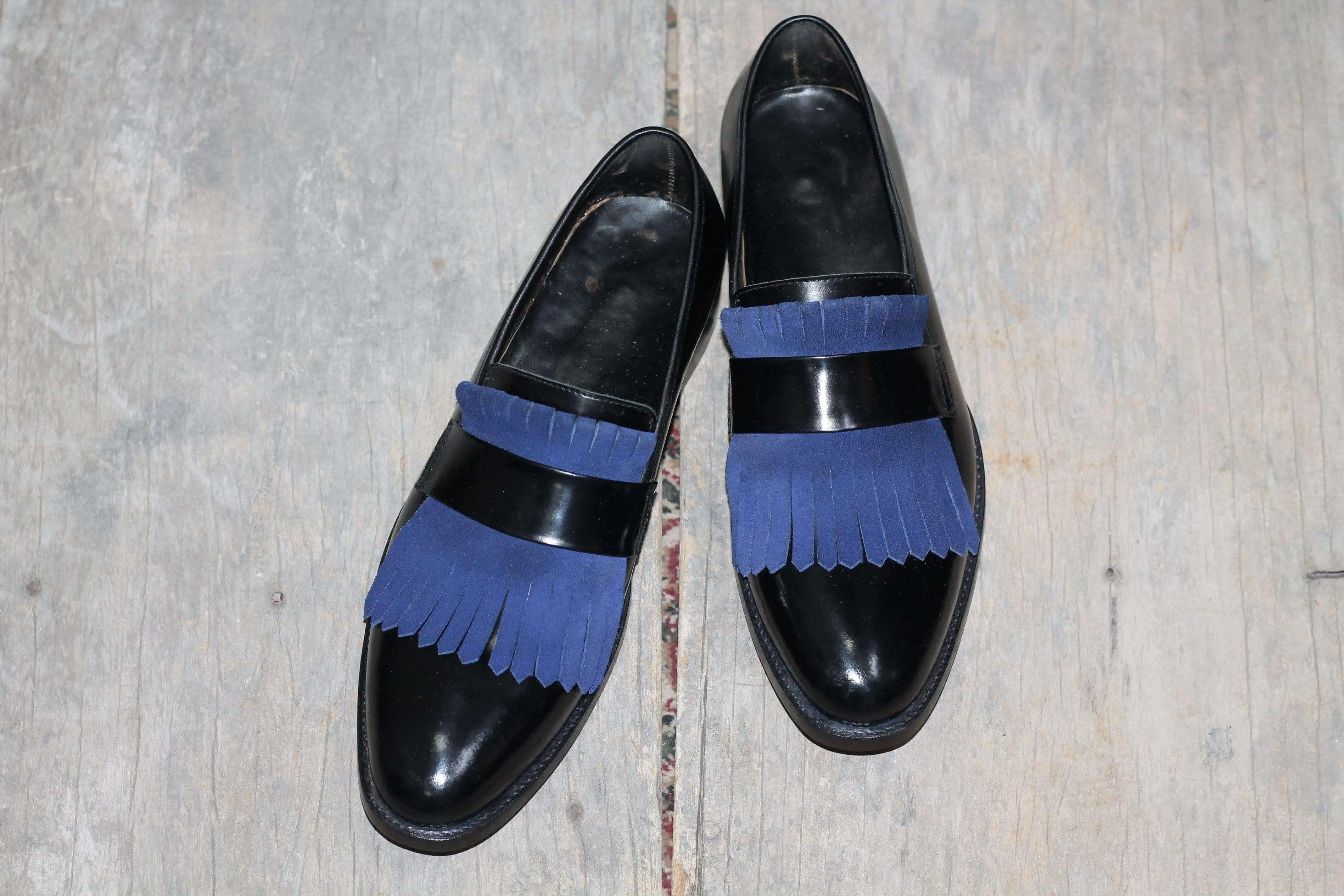 Men's Fringe Black & Blue Leather Loafers Shoe