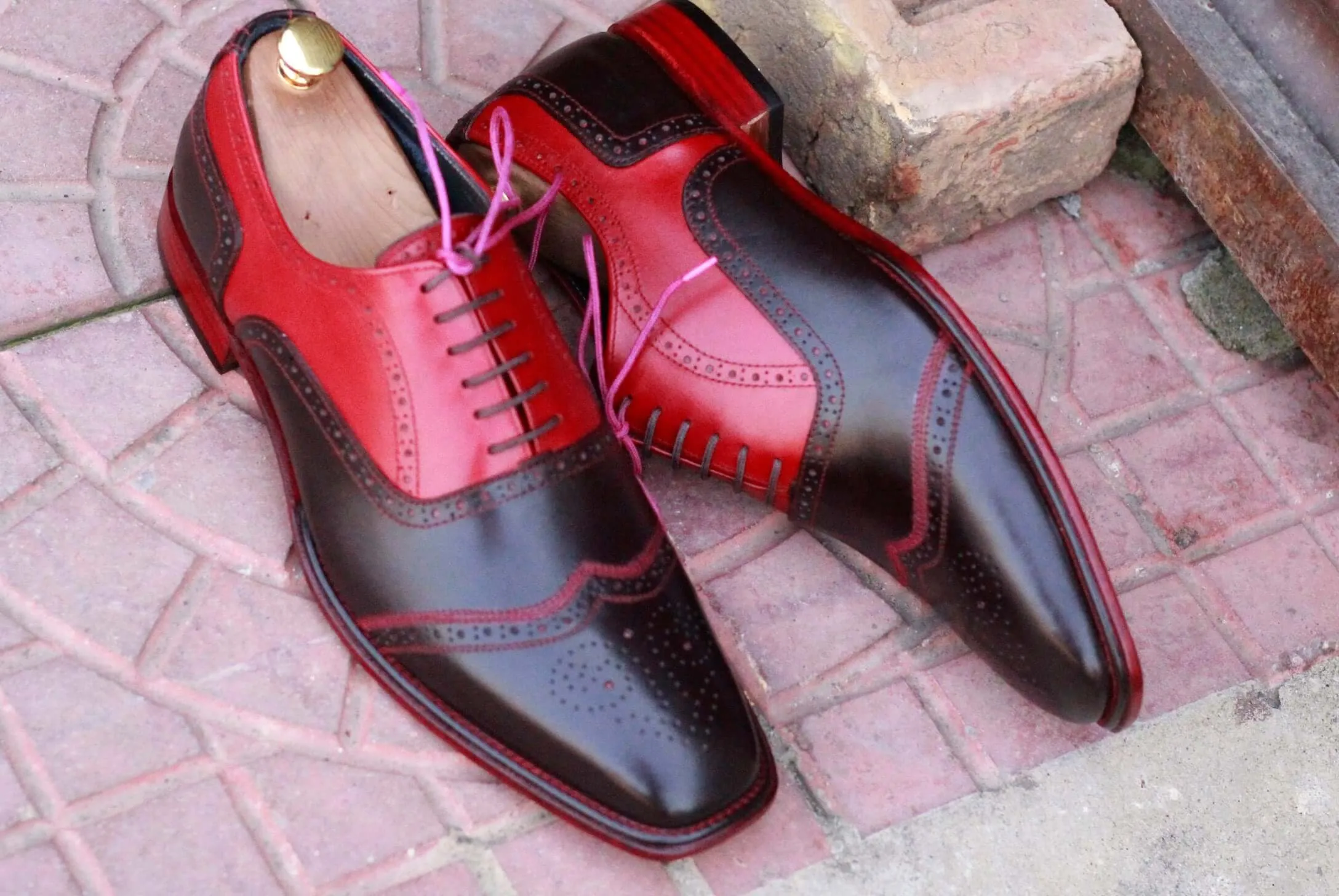 Men's Two Tone Wing Tip Brogue Spectator Lace Up Leather Shoes