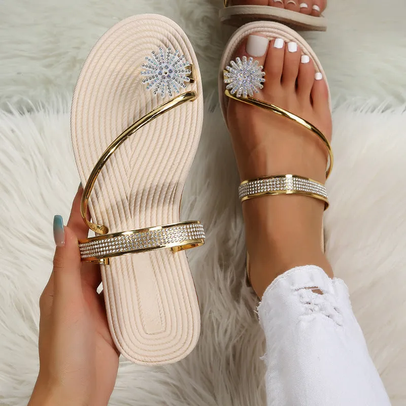 Metallic Rhinestone Decor Toe Ring Thong Beach Flat Sandals