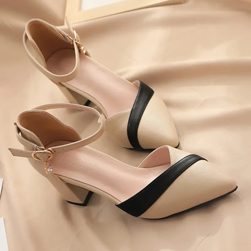 Mix Color Med Heels Pumps Women Pointed Toe Ankle Strap Leather Shoes