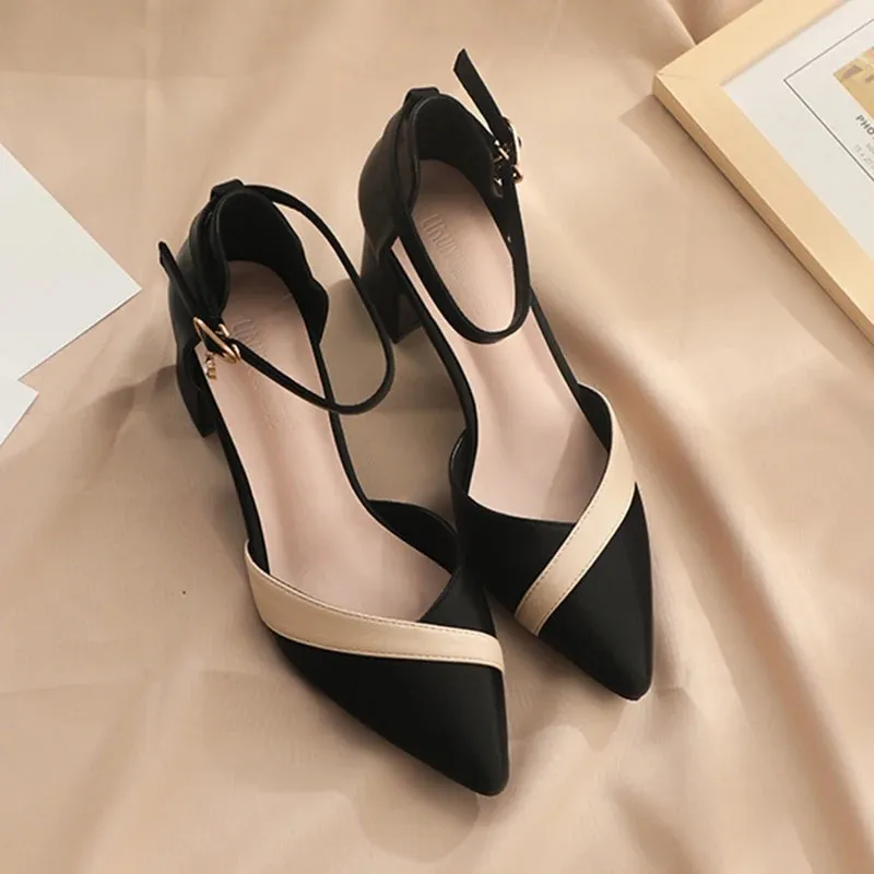 Mix Color Med Heels Pumps Women Pointed Toe Ankle Strap Leather Shoes