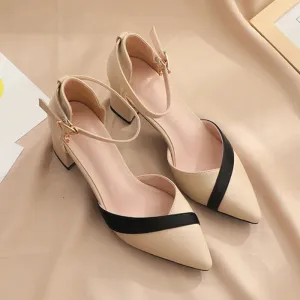 Mix Color Med Heels Pumps Women Pointed Toe Ankle Strap Leather Shoes