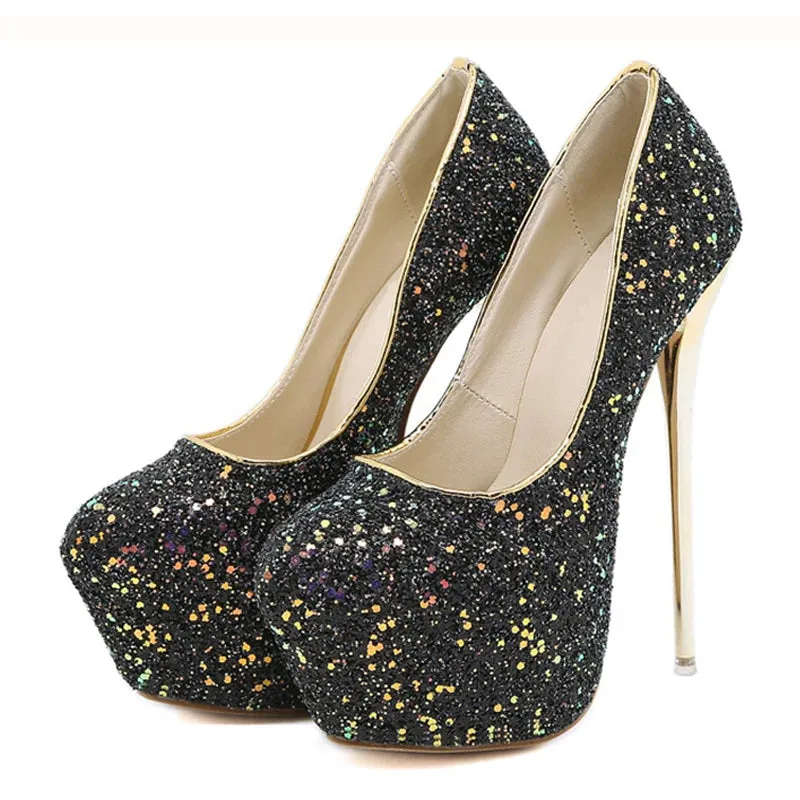 Size 44 45 Women Pumps Extrem Sexy High Heels Platform Fashion Bling Sequined Cloth Round Toe Ladies Wedding Shoes Bride