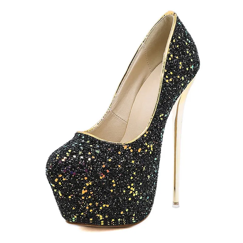 Size 44 45 Women Pumps Extrem Sexy High Heels Platform Fashion Bling Sequined Cloth Round Toe Ladies Wedding Shoes Bride