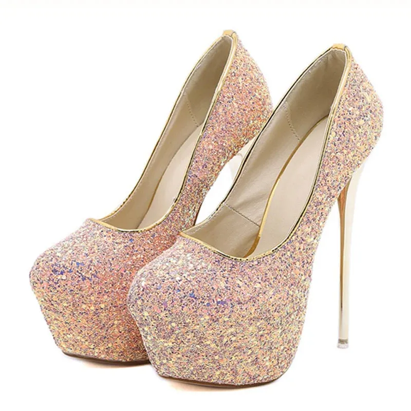 Size 44 45 Women Pumps Extrem Sexy High Heels Platform Fashion Bling Sequined Cloth Round Toe Ladies Wedding Shoes Bride