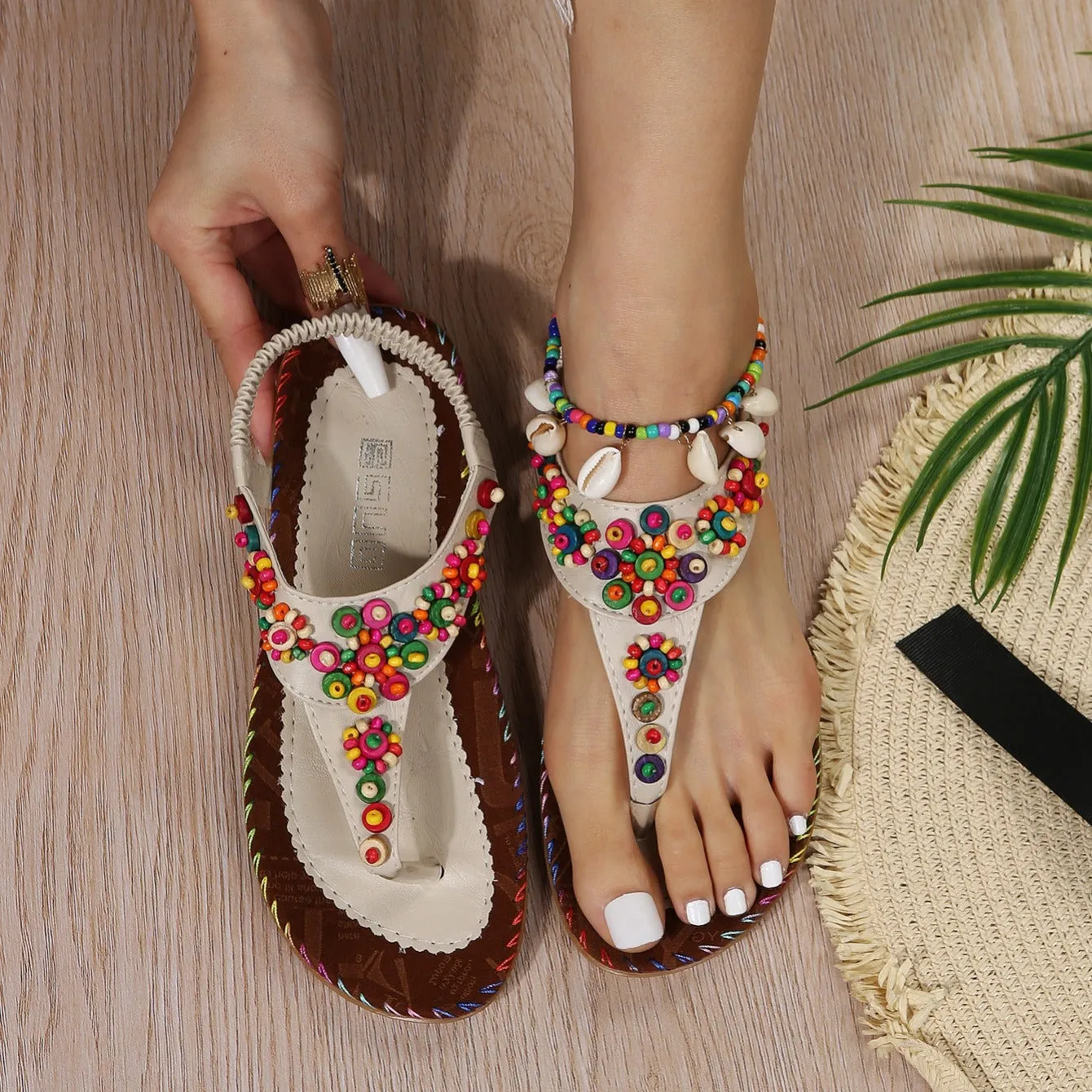 Women's Beaded Decor Flip Flops Open Round Toe Elastic Ankle Strap Sandals