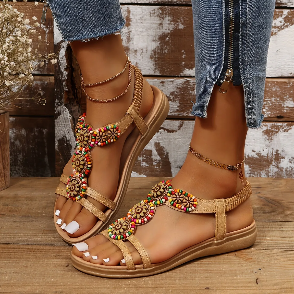 Women's Boho Style Flat Open Toe Breathable T Strap Sandals