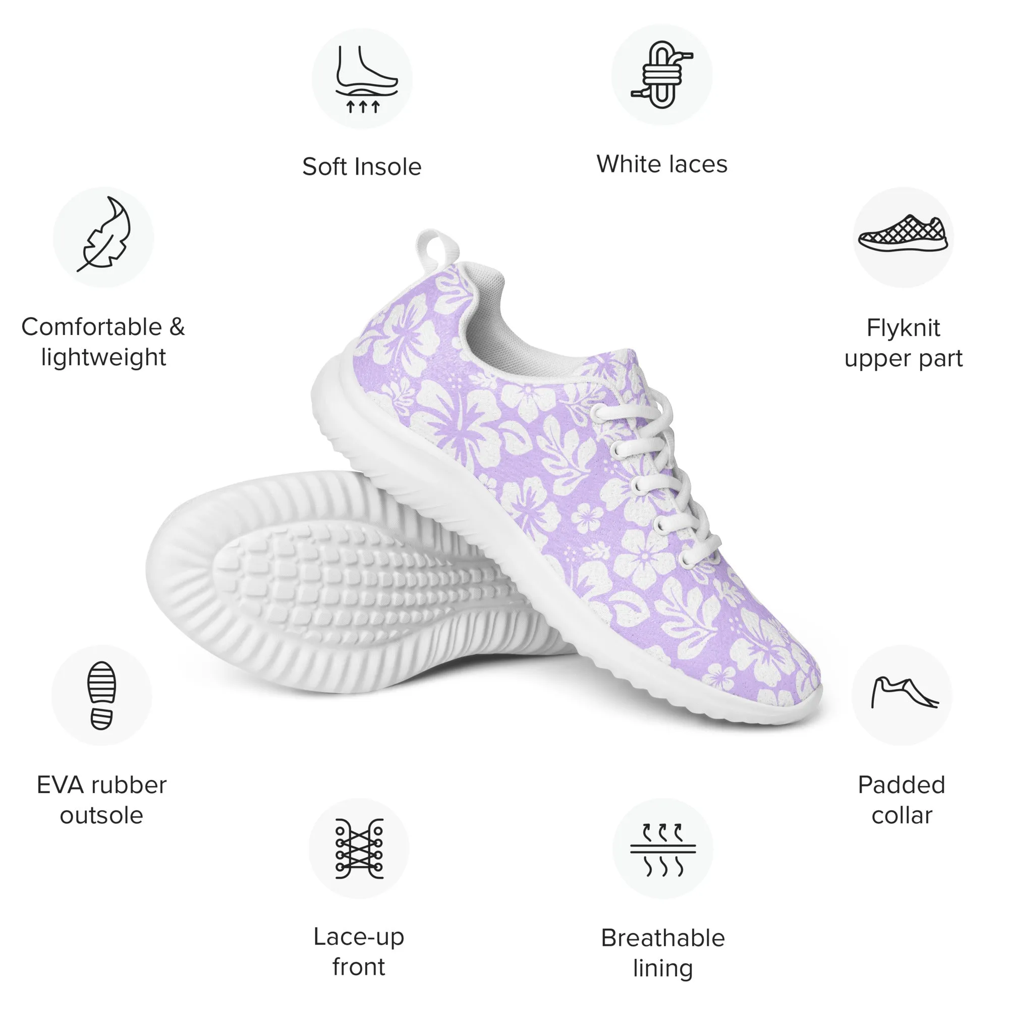 Women’s Lavender and White Hawaiian Flowers Athletic Shoes