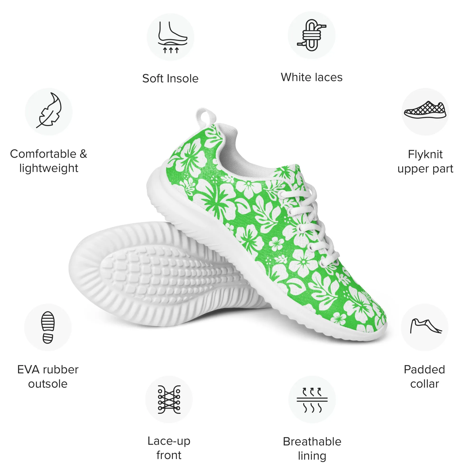 Women’s Lime Green and White Hawaiian Flowers Athletic Shoes