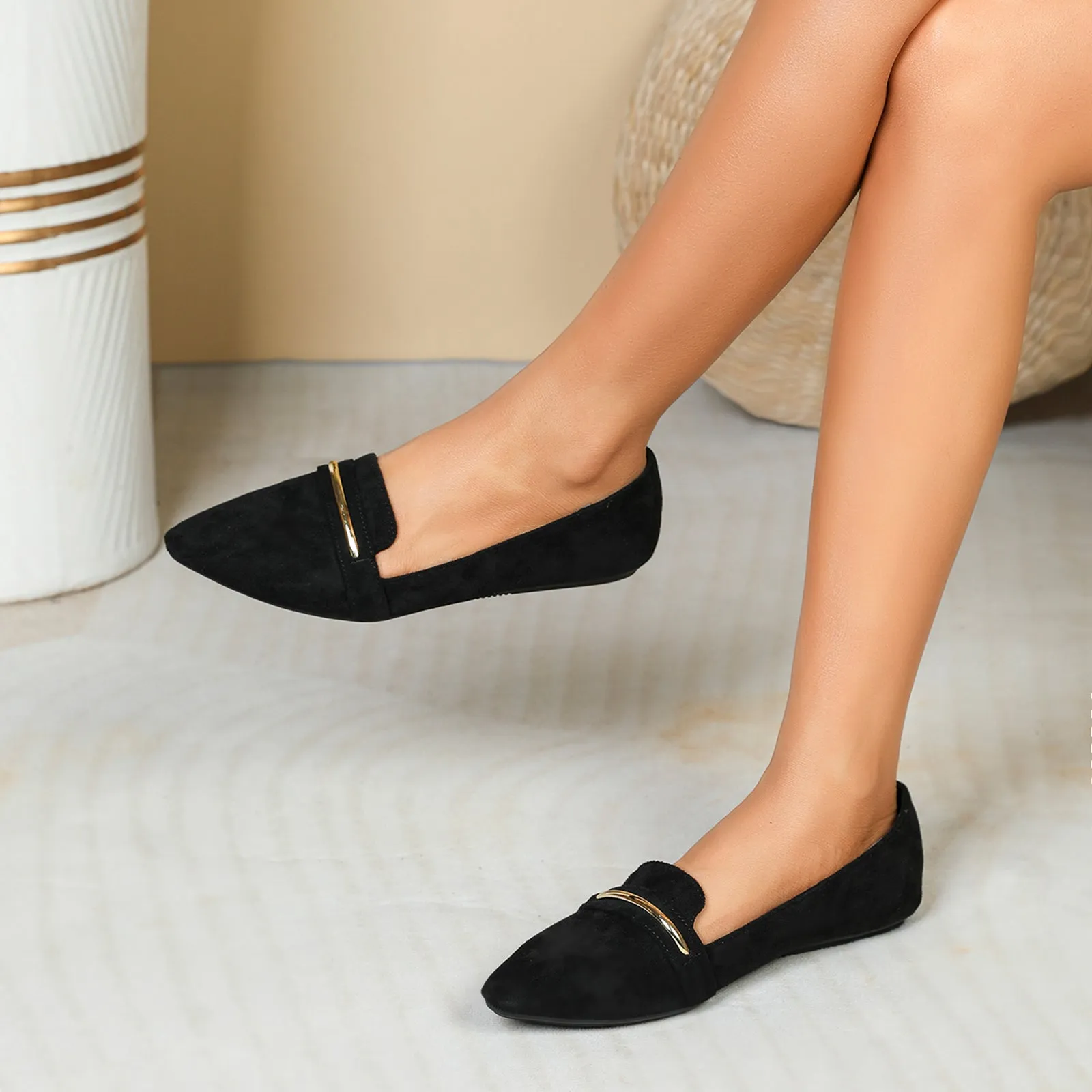 Women's Pointed Toe Ballet Flats Black Soft Sole Slip Casual Walking Micro Suede Shoes