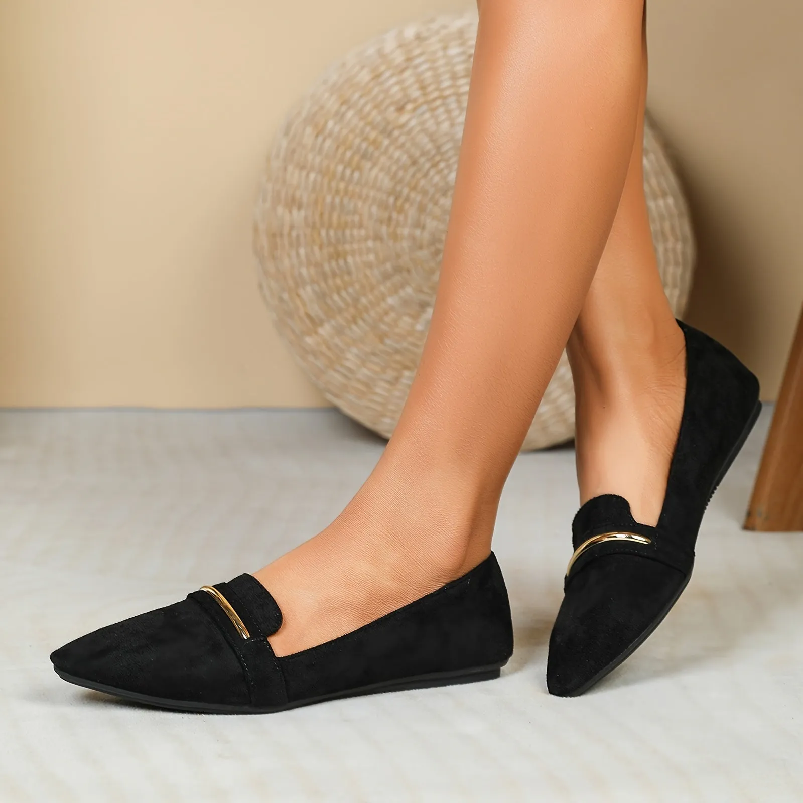 Women's Pointed Toe Ballet Flats Black Soft Sole Slip Casual Walking Micro Suede Shoes